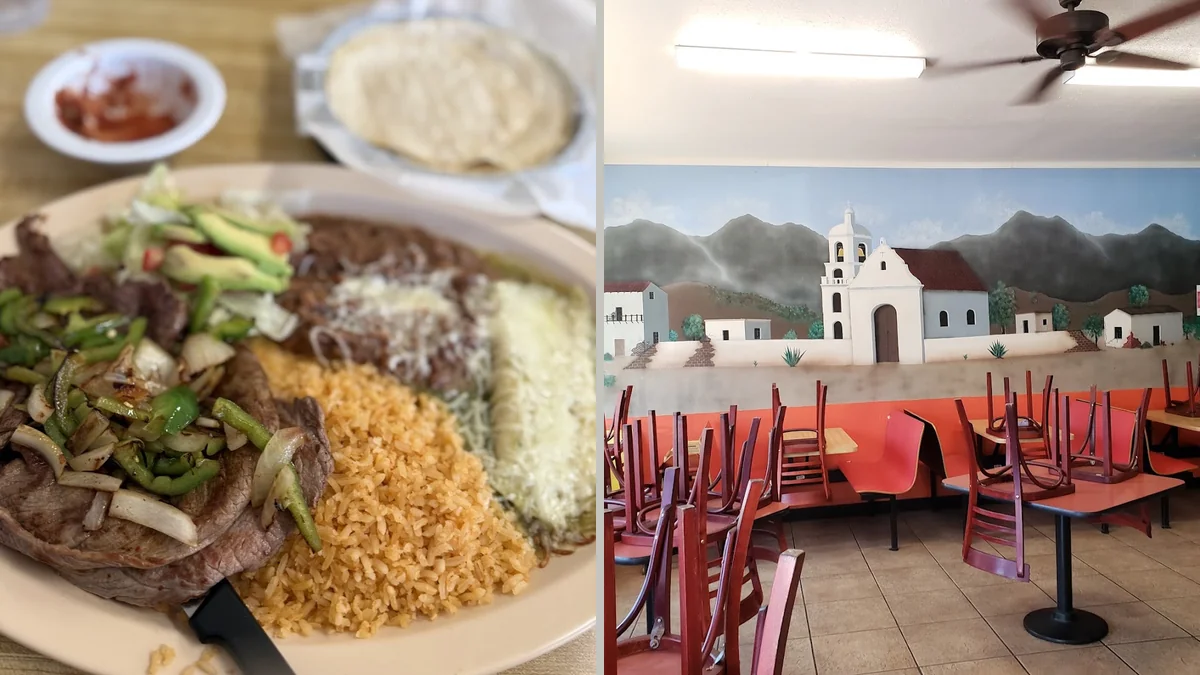 Mexican restaurant interior with warm, quiet seating.