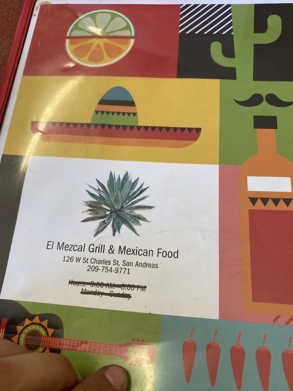 Printed menu with breakfast, lunch, and dinner sections.